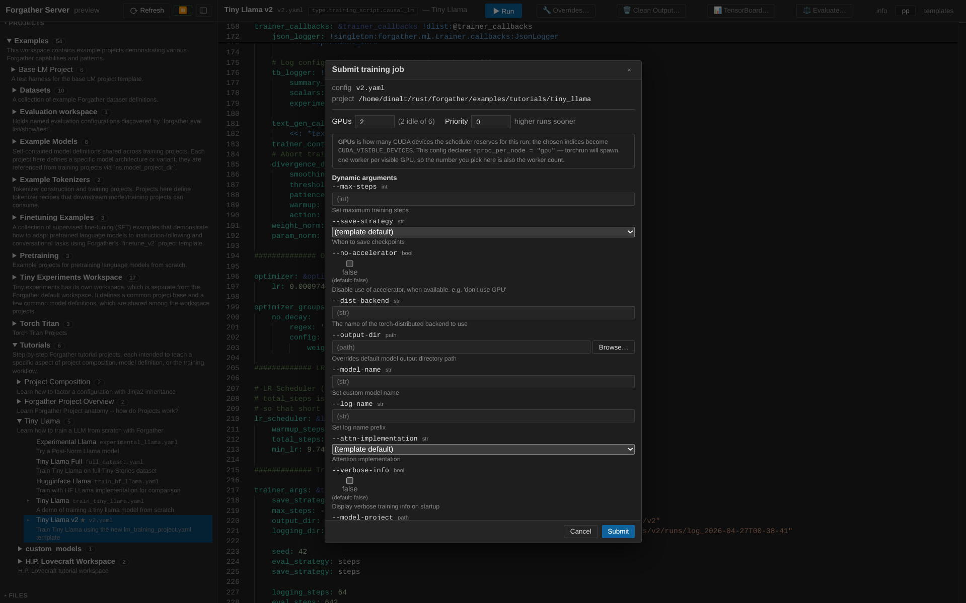Submit modal with v2.yaml's dynamic args and GPU=2