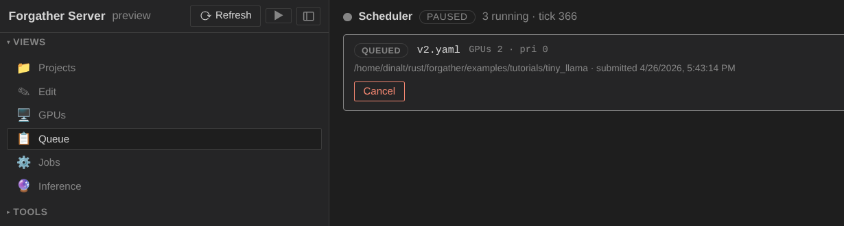 Queue panel showing the queued tiny_llama job
