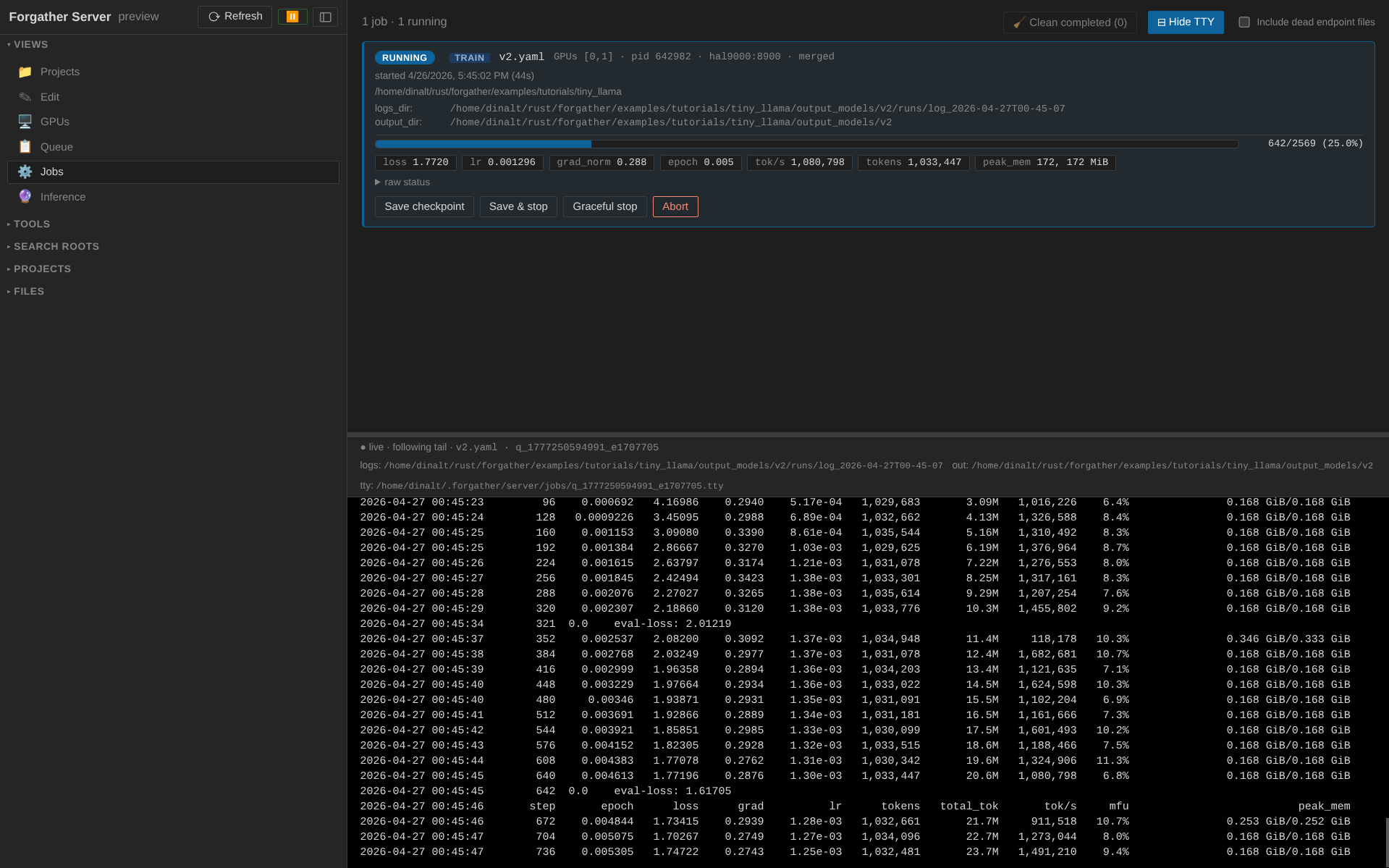 Jobs panel with TTY split-view showing training log