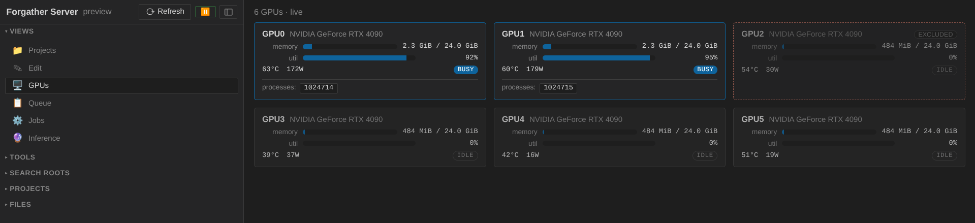 GPUs panel showing the assigned GPUs busy with the training job