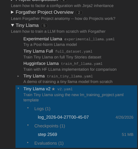 Project list with completed logs and checkpoint