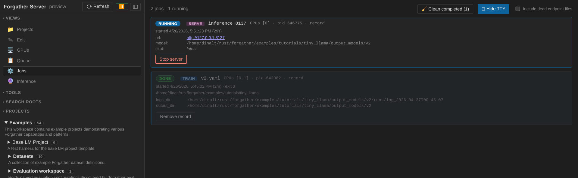 Jobs panel with the inference server running