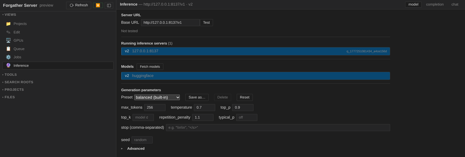 Inference Model tab with running server selected and creative preset applied