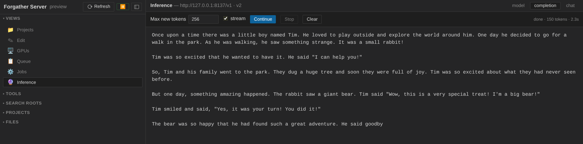 Completion tab with "Once upon a time" prompt and generated story