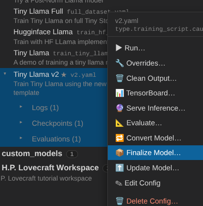 Context menu with Finalize Model selected